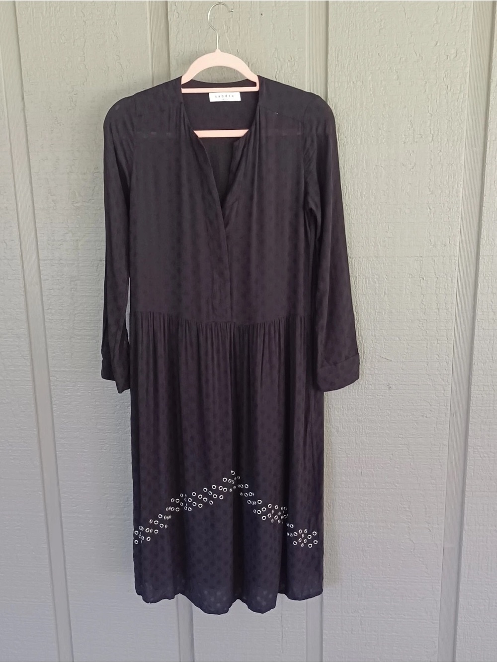 Sandro Black Long Sleeve Midi Dress with Hem Stud Detail